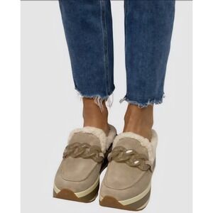 Dolce Vita Beige Suede Shearling Platform Chunky Loafer Mules Women's Size 8 NEW